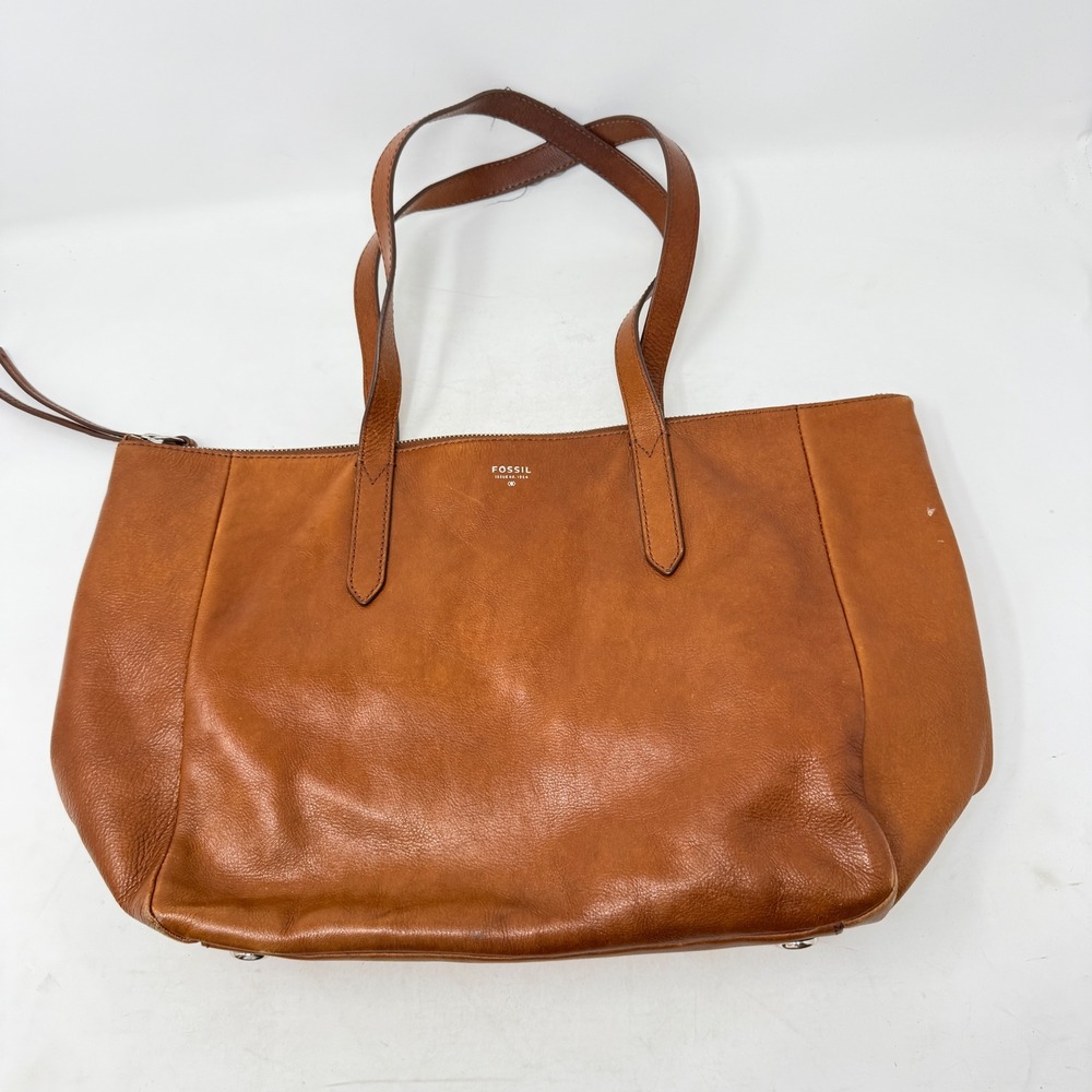 Fossil Tote Bag Brown Large Leather Zip Top Shoulder Bag Work Travel